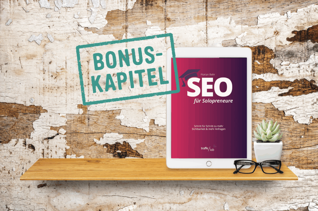 SEO für Solopreneure Buch auf Regal mit Stempel "Bonuskapitel"
